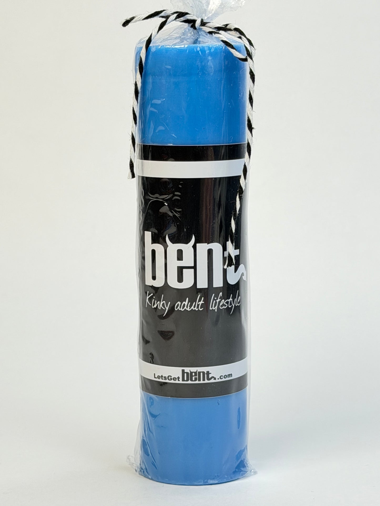 Handmade light blue paraffin wax play pillar candle by Bent packaging