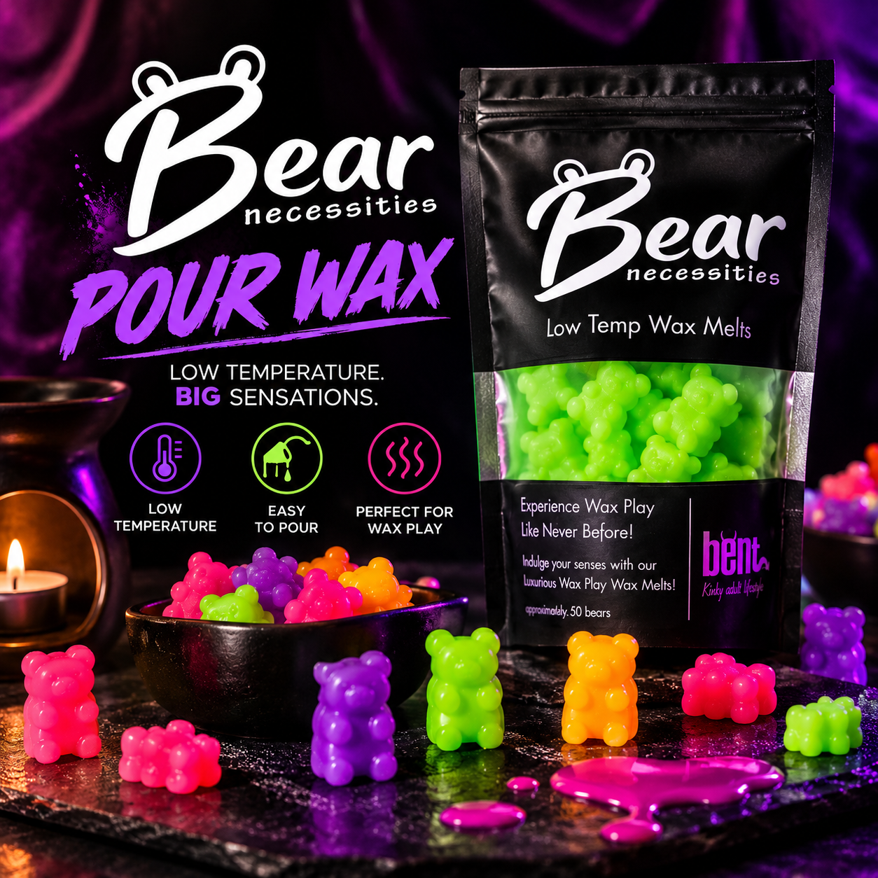 Bear Necessities Pour Wax by Bent, low-temperature wax designed for controlled pouring, wax play and sensation play.