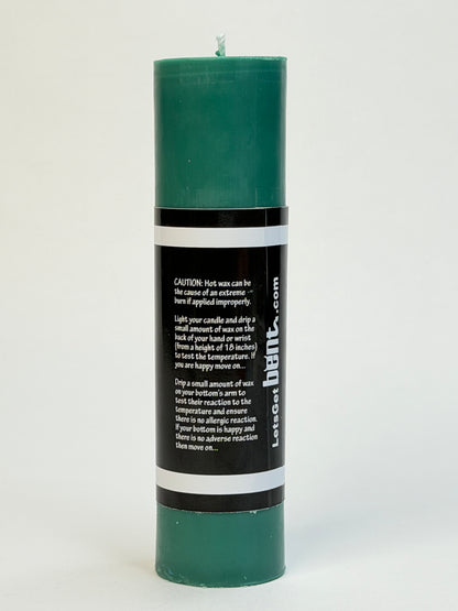 Back of Green wax play candle for warm sensory wax play 