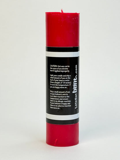 Red wax play candle for warm sensory wax play backside