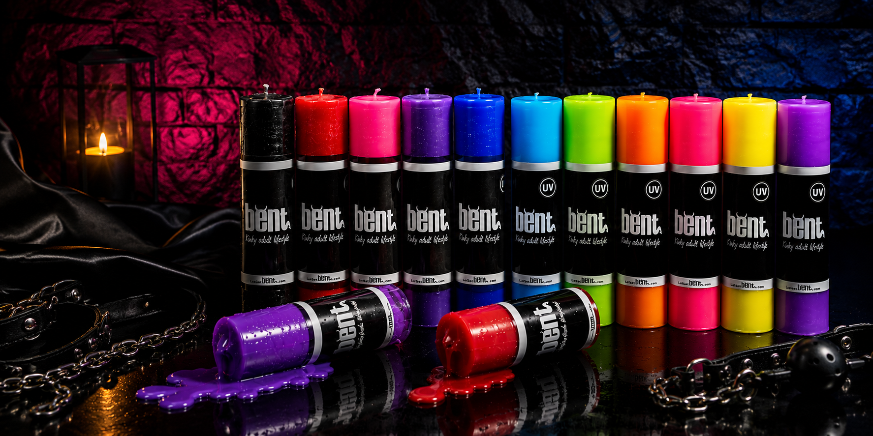 Bent wax play candles in vibrant colours, handmade low-temperature candles designed for wax play and sensation play.
