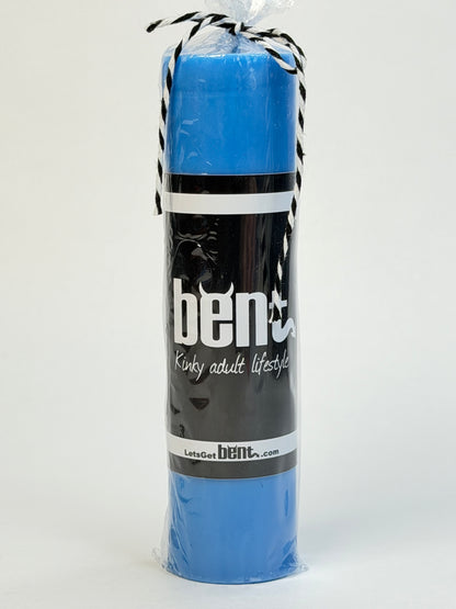 Handmade light blue paraffin wax play pillar candle by Bent packaging