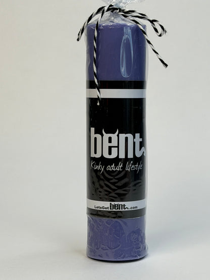 Handmade light purple paraffin wax play pillar candle by Bent in packaging