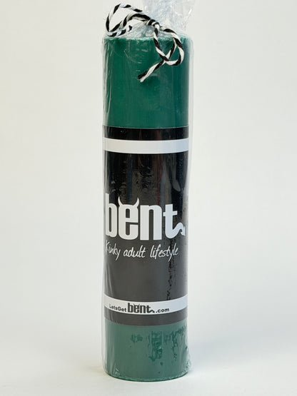 Handmade green paraffin wax play pillar candle by Bent in packaging
