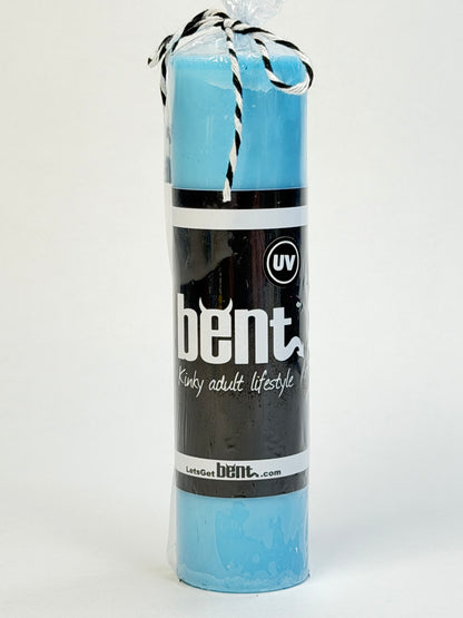 Handmade UV blue paraffin wax play pillar candle by Bent