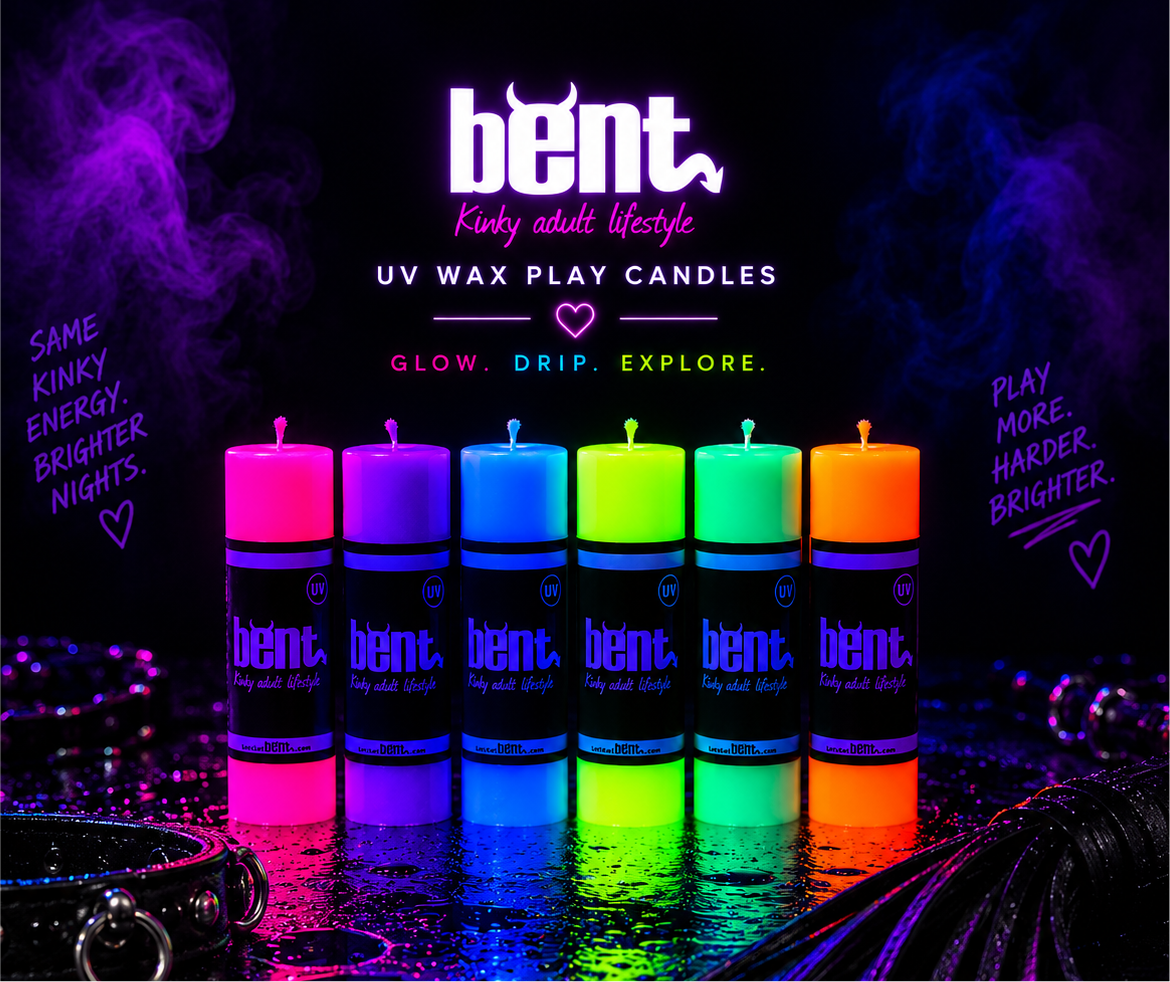 Bent UV wax play candles in bright fluorescent colours, handmade low-temperature candles designed for sensation and wax play