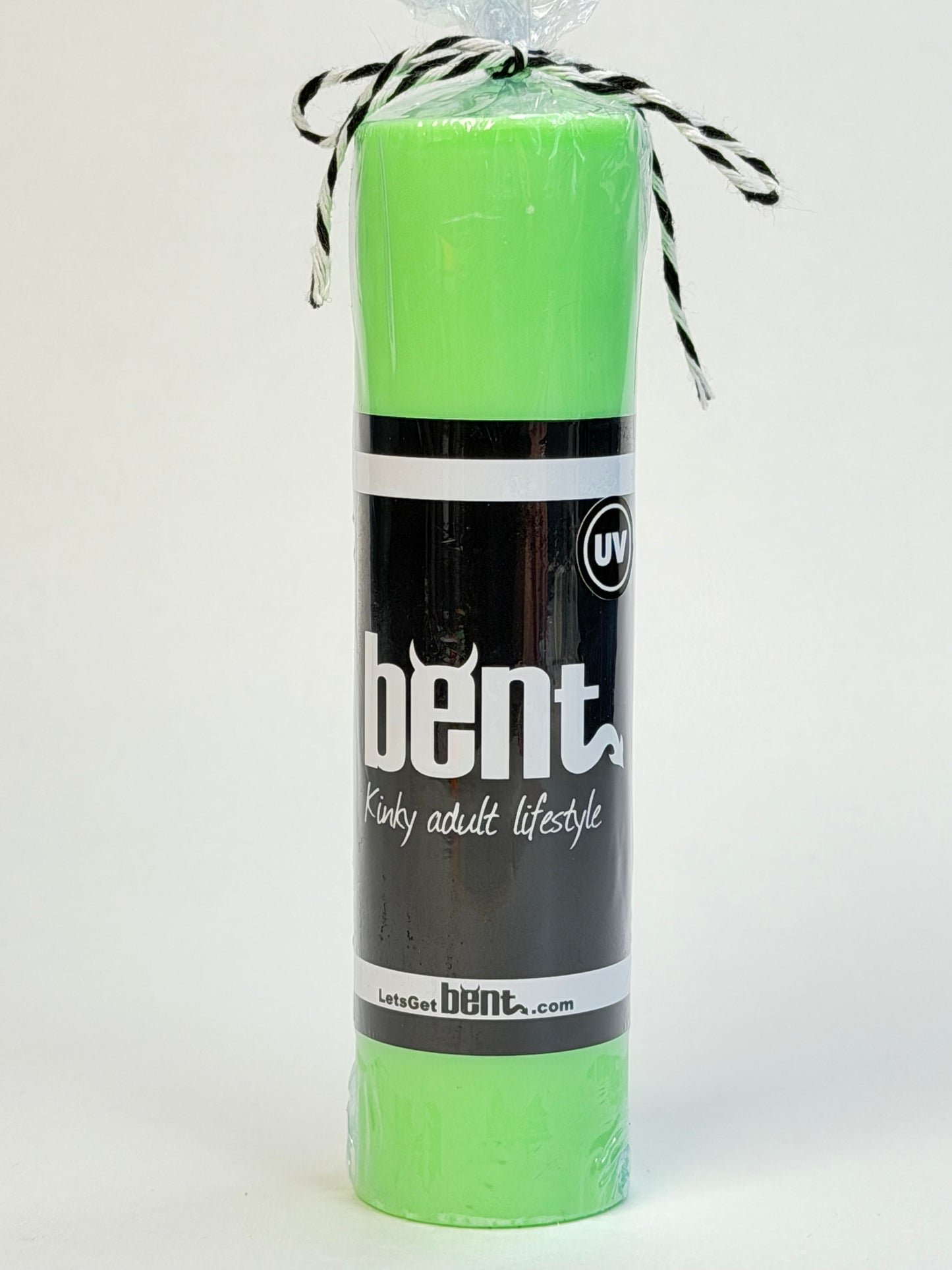 Handmade UV green paraffin wax play pillar candle by Bent