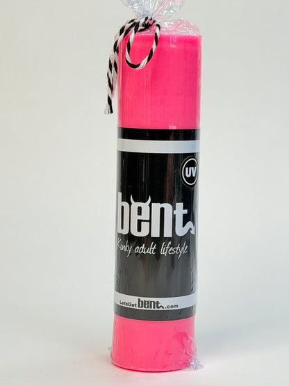 Handmade UV pink paraffin wax play pillar candle by Bent